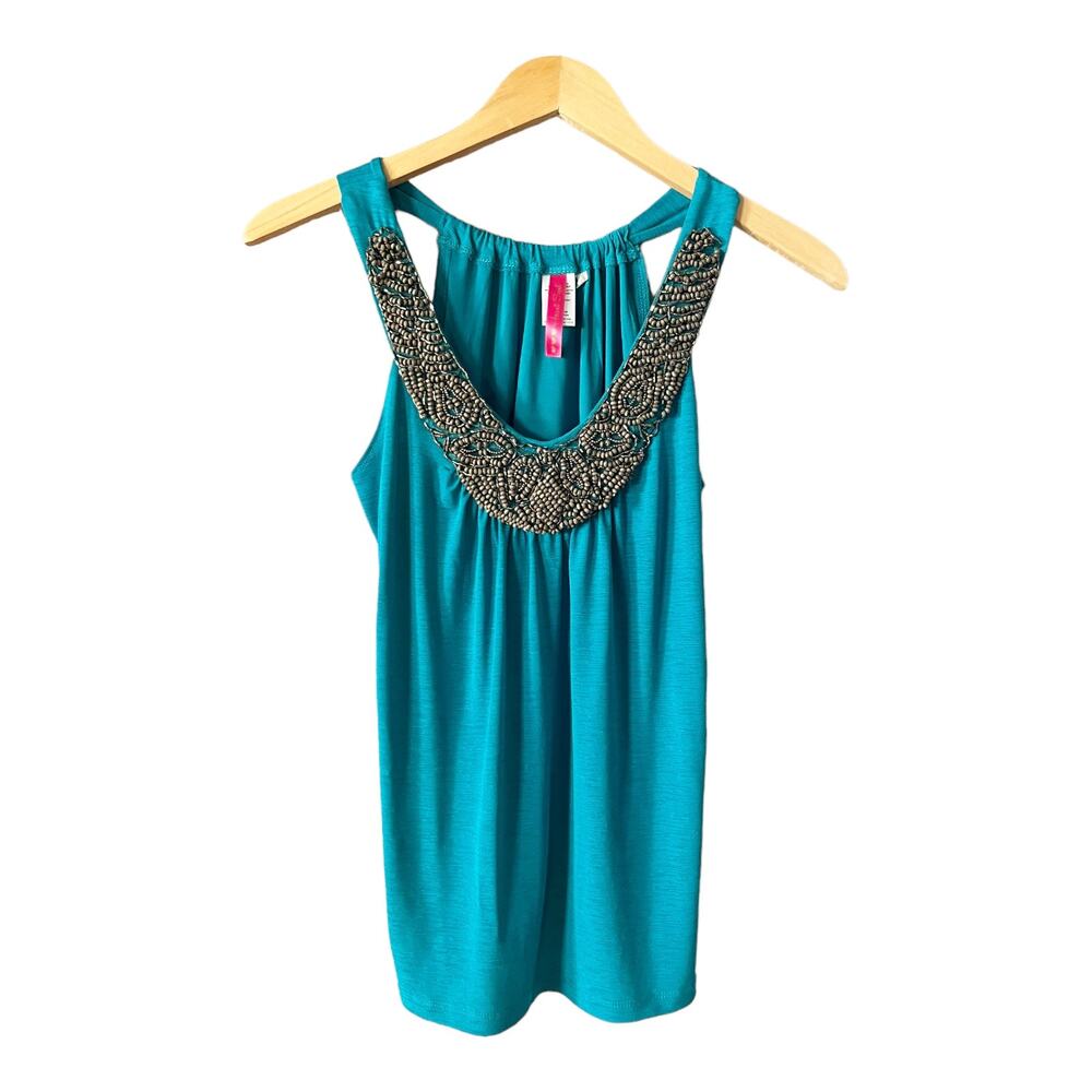 HEART SOUL Teal Tank Top Embellished Beaded Mesh Scoop Neck Sleeveless Small EUC